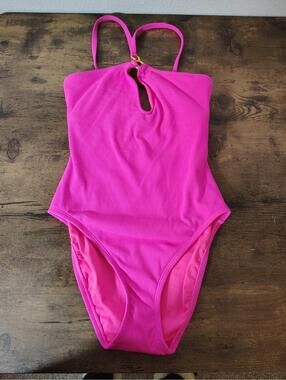 Fuisha Pink women's bathing Swim suit one piece Halter Eyelet sz S